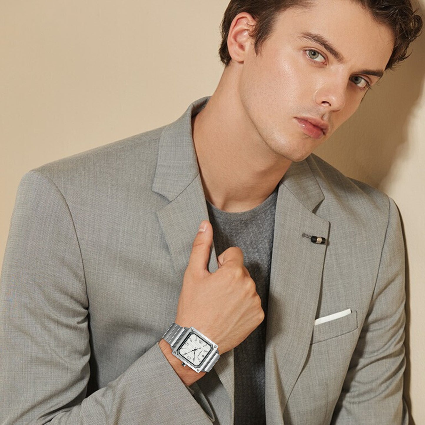 Men's Stainless Steel Square Watch, Waterproof Classic Analog Dress Watch
