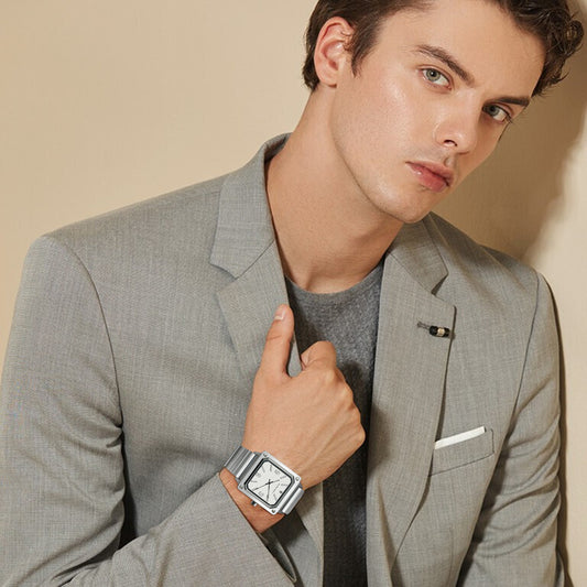 Men's Stainless Steel Square Watch, Waterproof Classic Analog Dress Watch