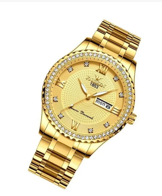 Men's Waterproof Gold Stainless Steel Quartz Analog Watch, Classic Business Dress Watch, Elegant Gift