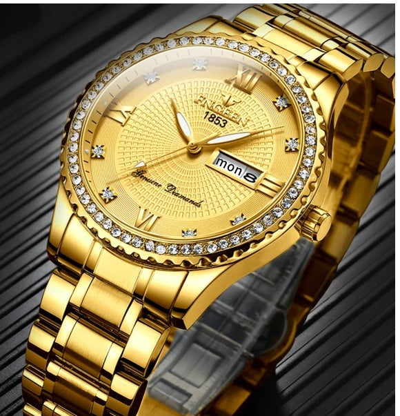 Men's Waterproof Gold Stainless Steel Quartz Analog Watch, Classic Business Dress Watch, Elegant Gift