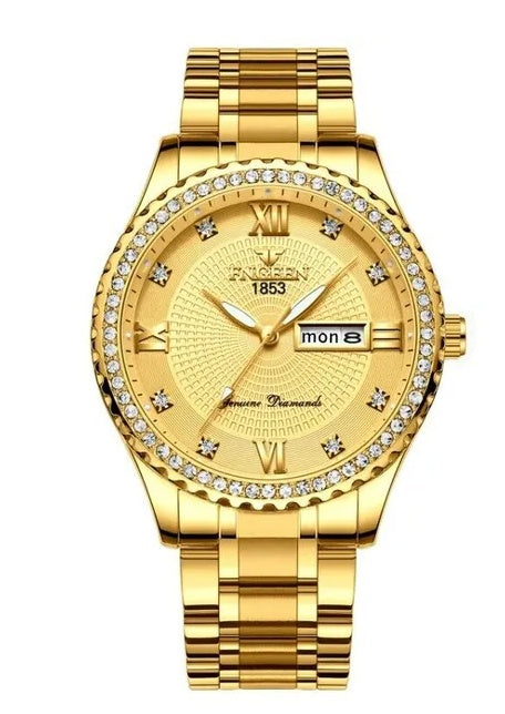 Men's Waterproof Gold Stainless Steel Quartz Analog Watch, Classic Business Dress Watch, Elegant Gift