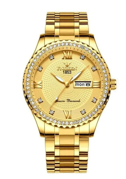 Men's Waterproof Gold Stainless Steel Quartz Analog Watch, Classic Business Dress Watch, Elegant Gift