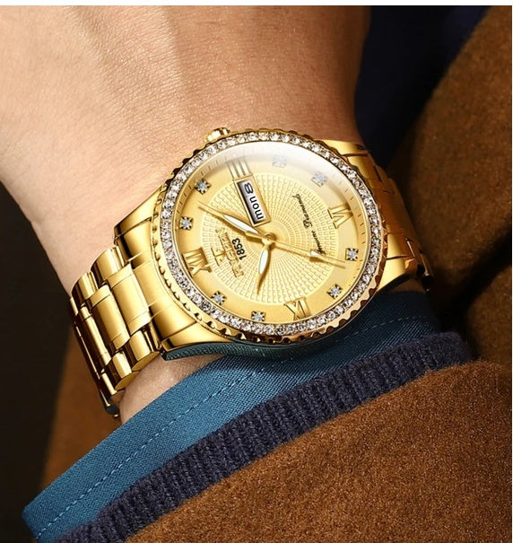 Men's Waterproof Gold Stainless Steel Quartz Analog Watch, Classic Business Dress Watch, Elegant Gift