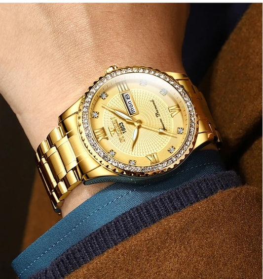 Men's Waterproof Gold Stainless Steel Quartz Analog Watch, Classic Business Dress Watch, Elegant Gift