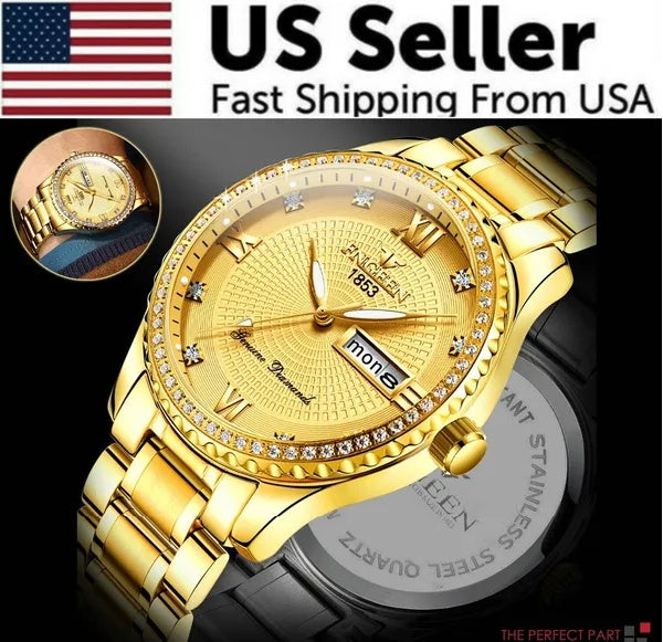 Men's Waterproof Gold Stainless Steel Quartz Analog Watch, Classic Business Dress Watch, Elegant Gift