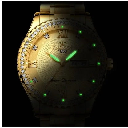 Men's Waterproof Gold Stainless Steel Quartz Analog Watch, Classic Business Dress Watch, Elegant Gift