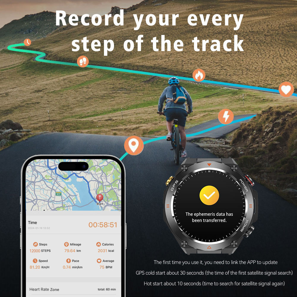 Men's GPS Smartwatch, 1.45'' HD Screen with Built-In GPS, Altimeter, Barometer, Compass, AI Voice, Compatible with Android & iPhone